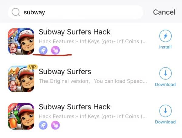 more than one results when search for subway surfers